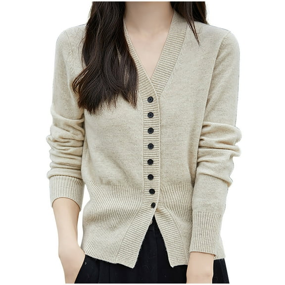 Wyobmus Womens Cardigan Sweaters Casual V-Neck Knitted Coat Loose Soft Button Up Outerwear With Pockets Beige
