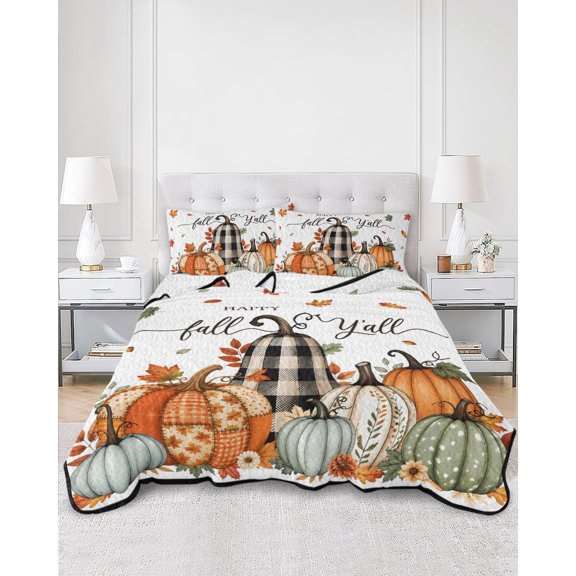 Twin Quilt Bedding Set Fall Thanksgiving Pumpkin Maple Leaves Summer Quilt Lightweight Quilted Coverlet with 2 Pillow Shams, Orange Watercolor 3-Piece Bedspread Quilt Set for All Season