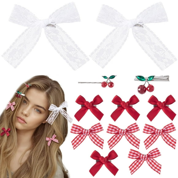 Alpinleux 12 pinzas para el pelo Y2K con lazo de cerezo rojo, mini lazos para el pelo de encaje, horquillas para el pelo a cuadros, lindos pasadores para el pelo, accesorios para el pelo para mujeres