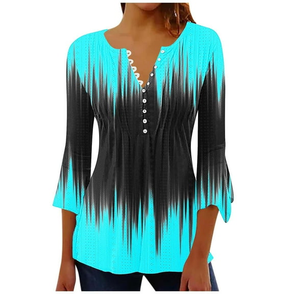 Lady Front Pleated Striped Printed Shirts 3/4 Length Sleeve Womens Tops Lady Summer Loose V-Neck Eyelet T-Shirts Juniors Dressy Casual Tunic Blouses