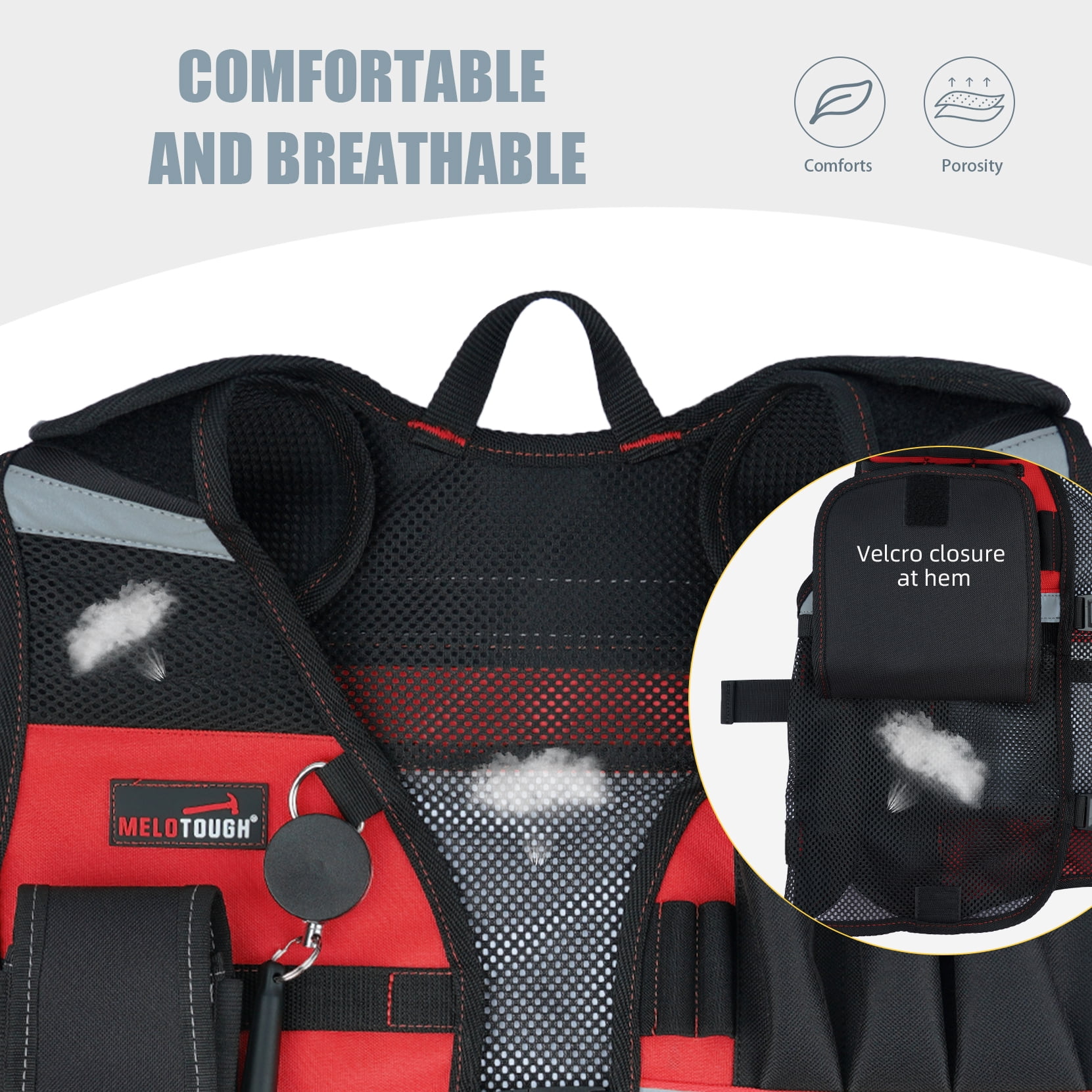 MELOTOUGH Tool Vest for Men Reflective Safety Tool Vest with Adjustable Straps,Removable Phone Holder for Electrical,Carpenters,Construction(Red)
