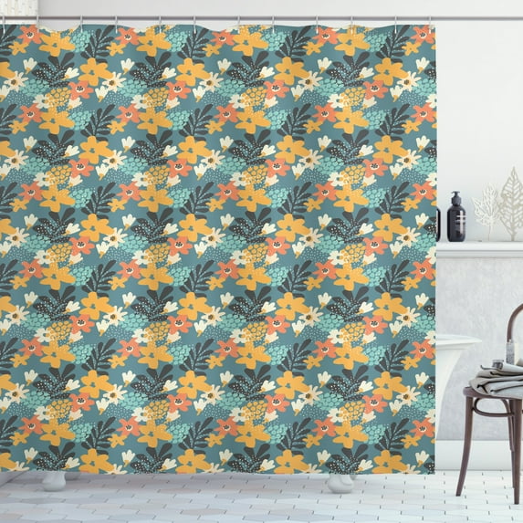 Floral Shower Curtain, Flourishing Abstract Garden Hand Drawn Doodle Style Dots and Petals Colorful Design, Fabric Bathroom Set with Hooks, 69W X 75L Inches Long, Multicolor, by Ambesonne