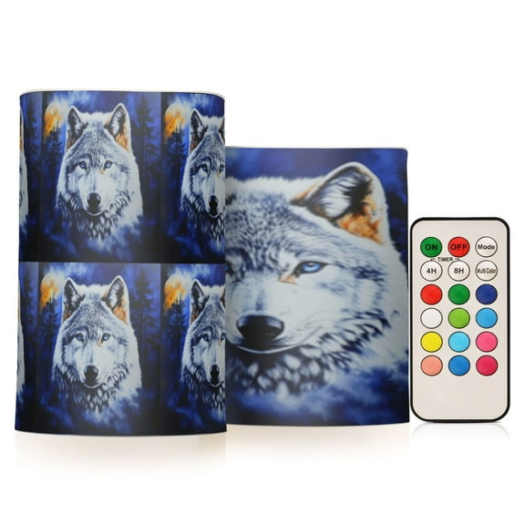 Wolf in Misty Back Flickering Flameless Candles Battery Operated with Remote Timer LED Pillar Candles Set of 2