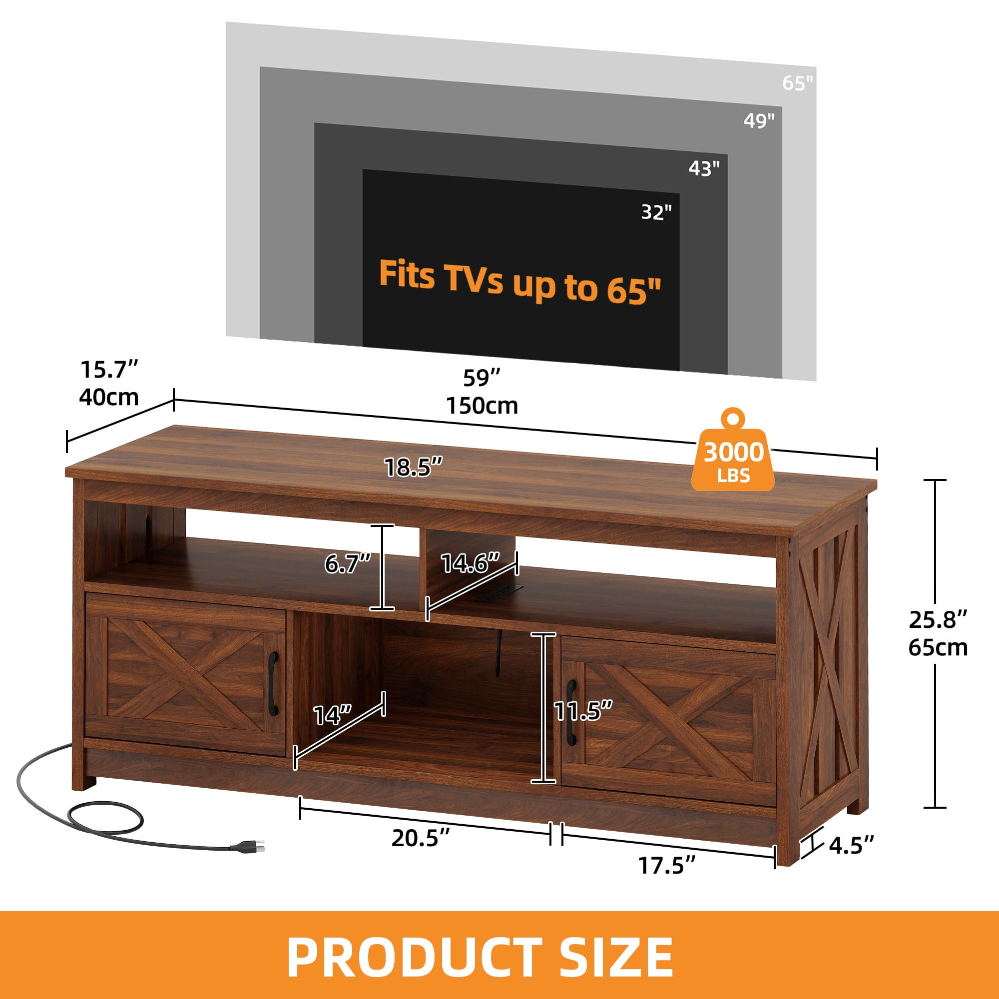 Uforic 59 Inch Rustic TV Cabinet Fits 55/65 Inch TVs, with Side X-Brace Decor, Built-in Charging Station & Partitioned Open Storage Shelves, Home Living Room, Walnut