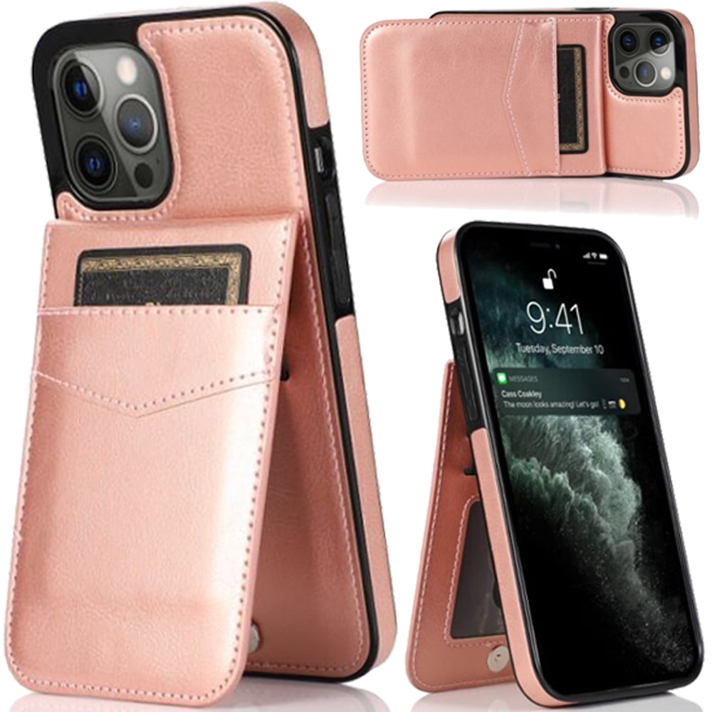 For Apple Iphone 11 Xi6.1 Luxury Vertical Magnetic Button Card Id Holder Pu  Leather Case Cover - Rose Gold 