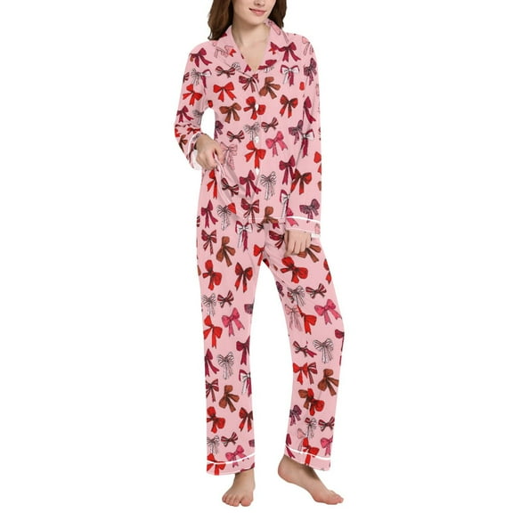 joogoo Pajamas Set for Women Bows Artistic Long Sleeve Pjs Loungewear L