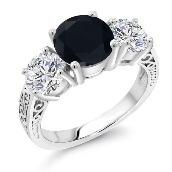 Gem Stone King 925 Sterling Silver Black Onyx and Lab Grown Diamond Engagement Ring for Women | 3.13 Cttw | Round 8MM | Gemstone December Birthstone | Size 5