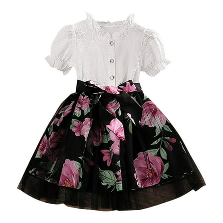 

CLZOUD Dress for Girls Black Polyester Girl s Flower Puff Short Sleeve Mesh Fluffy Flared Swing Summer Dresses 130