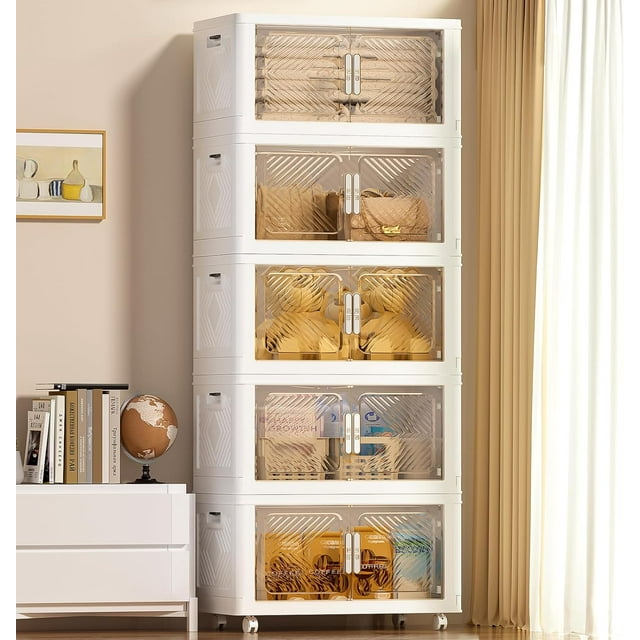 Storage Bins with Lid L ( QT) Foldable Stackable Storage Containers Clear Plastic Collapsible Storage Bins with Door and Wheels Closet Organizers and Storage Box for Home ( Tie