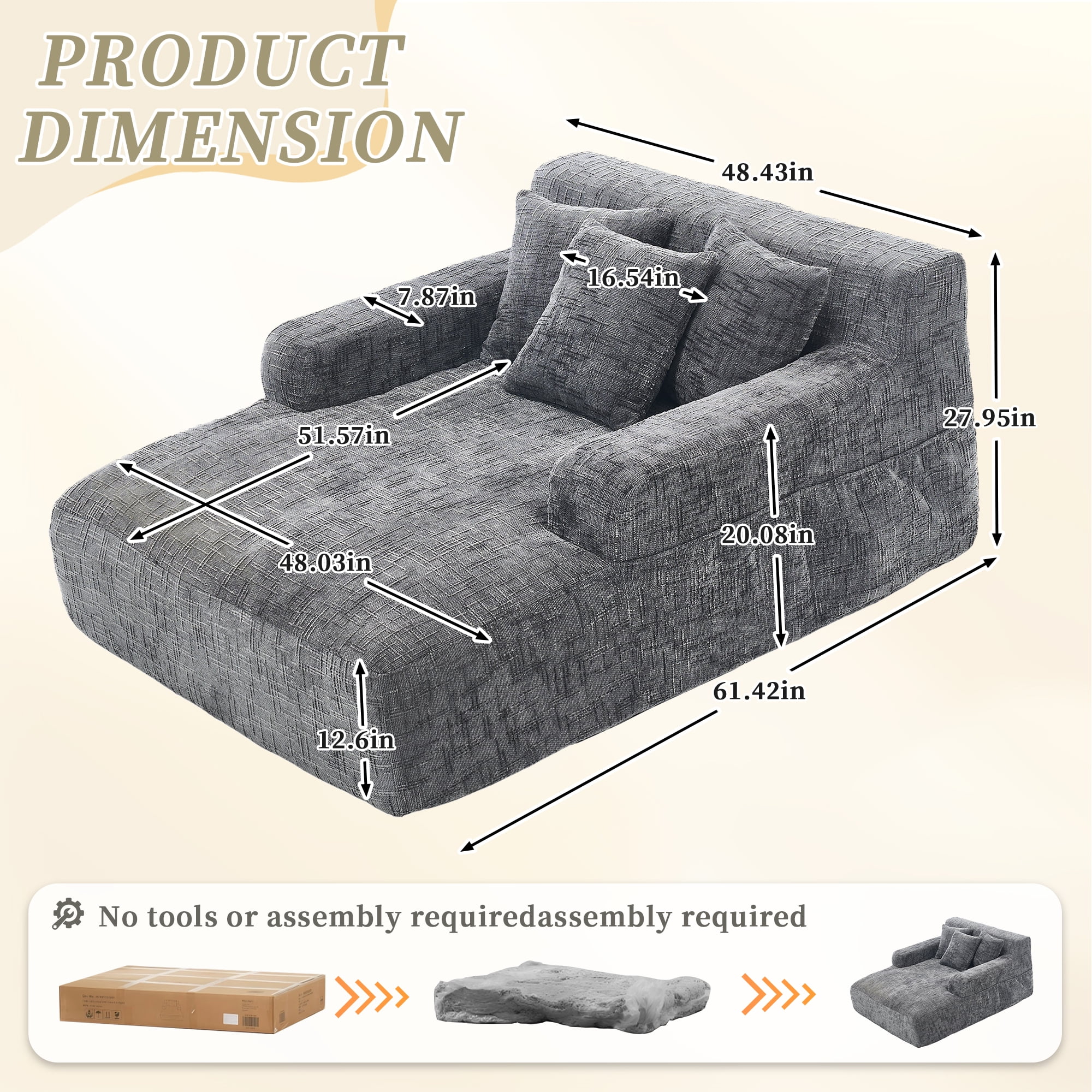 MOONMISS Oversized Chaise Lounge Chair Indoor Furniture, No Assembly Required, Plush Chenille Cloud Floor Sofa Bed for Living Room,Gray