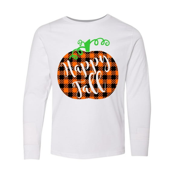 Inktastic Happy Fall Plaid Pumpkin Long Sleeve Youth T-Shirt