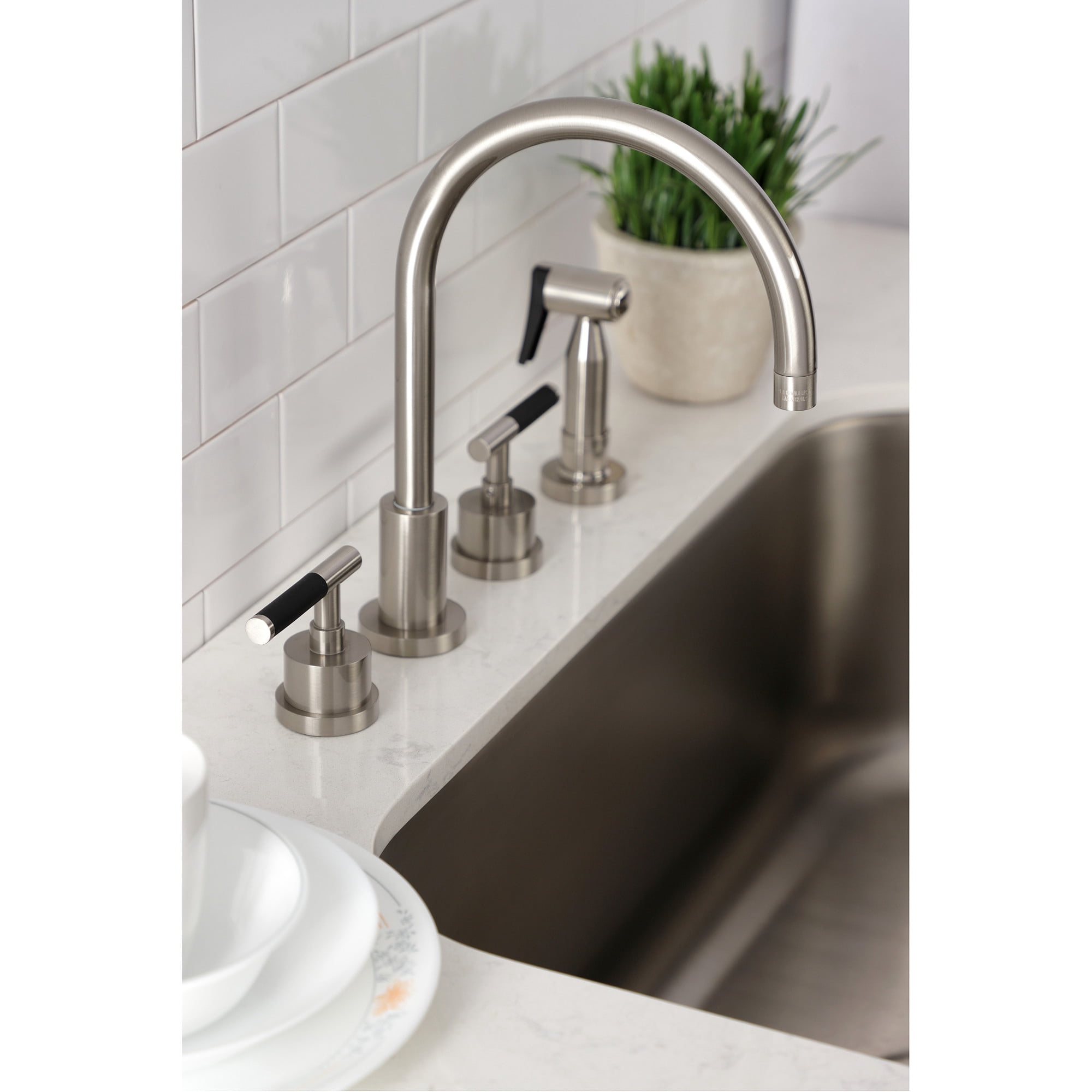Kingston Brass KS8728CKLBS Kaiser Double-Handle 4-Hole Widespread Kitchen Faucet with Brass Sprayer in Brushed Nickel