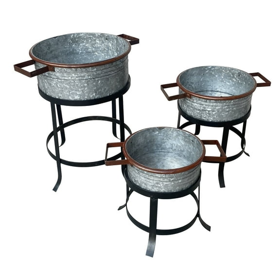 Maykoosh 21, 18, And 16 Inch 3 Piece Round Tub Metal Earthy Elements Set With Stand In Galvanized Gray And Black Iron