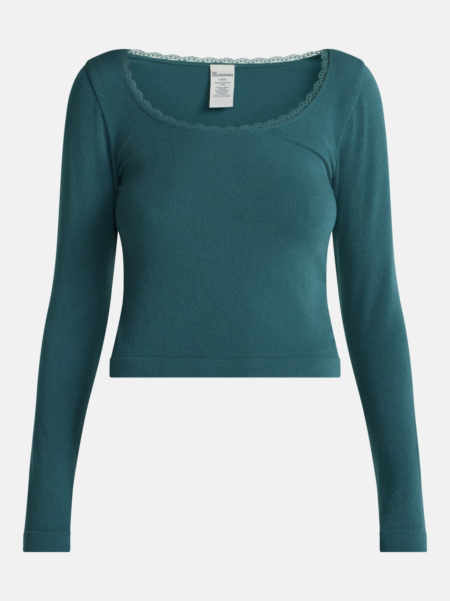 No Boundaries Long Sleeve Seamless Tee with Lace Trim, Women's XXS-XXL