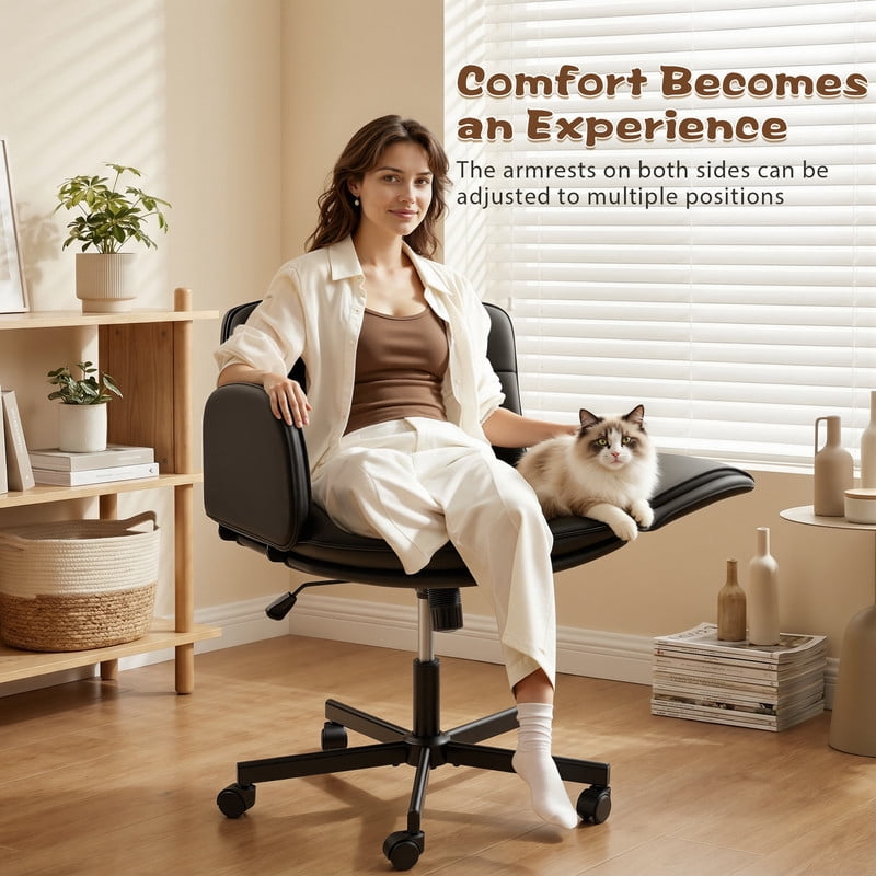 Homall Cross Legged Chair with Armrests and Wheels, PU Leather Vanity Chair, Adjustable Swivel Computer Office Chairs for Home Office, Make Up, Black