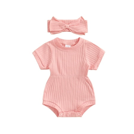 

Niceyoeuk Newborn Girl Outfit Short Sleeve Solid Bodysuit with Bow Headband