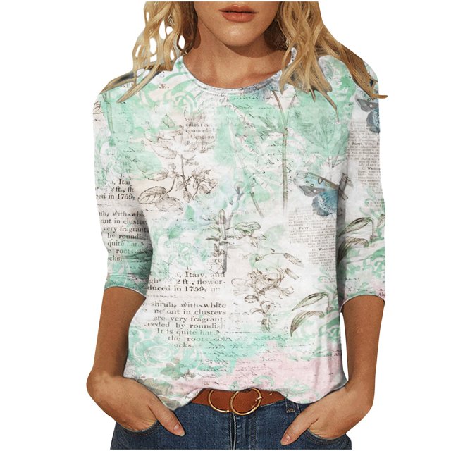 Camiseta estampada a la moda para mujer, blusa de manga 3/4 de longitud media, cuello redondo, camisetas informales Pompotops FGAJ3261