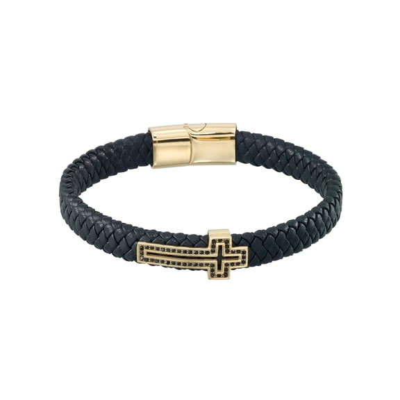 Focus for Men by Focus Men, Cross Bracelet with Simulated Black Diamonds in Genuine Black Leather and Stainless Steel with Gold Tone Ion Plating, 8.5".