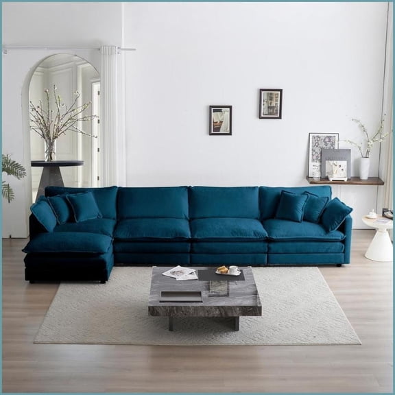 5-Seater Modular U-Shaped Sectional Sofa with Ottoman – Blue Chenille for Living Room | Blue | Chenille | Cushion Back