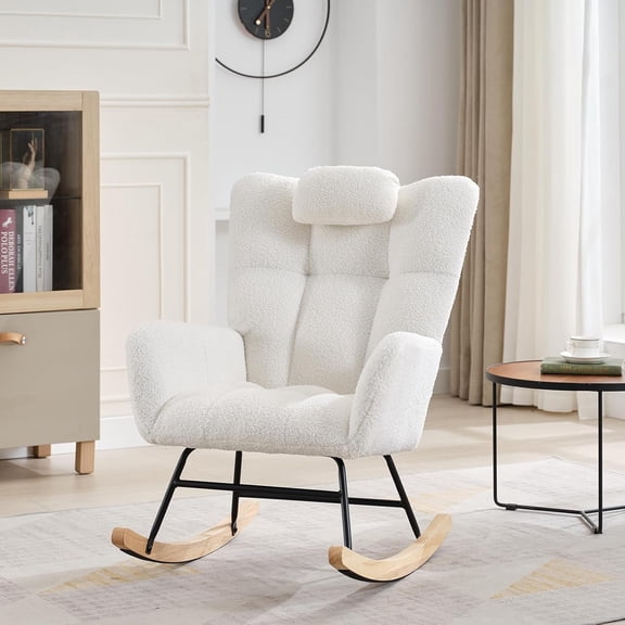 Rocking Chair Nursery Teddy Upholstered Baby Fluffy Glider Rocker for Adults Small Spaces Indoor Nursing Chair for Living Room Bedroom Classroom Beige Comfortable Durable Stylish-Beige