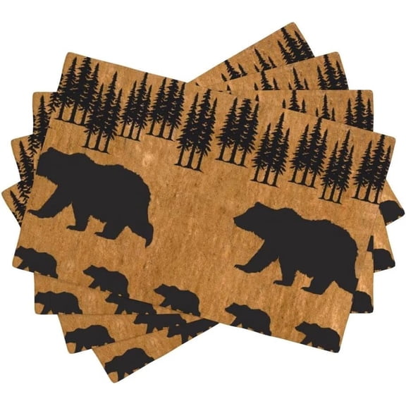 Black Bear Placemats, Rustic Farm Wildlife Bear Vintage Cabin Coniferous Forest Print for Placemats for Indoor Outdoor Dinner Table Mats, 12x18 Inch, 4PCS