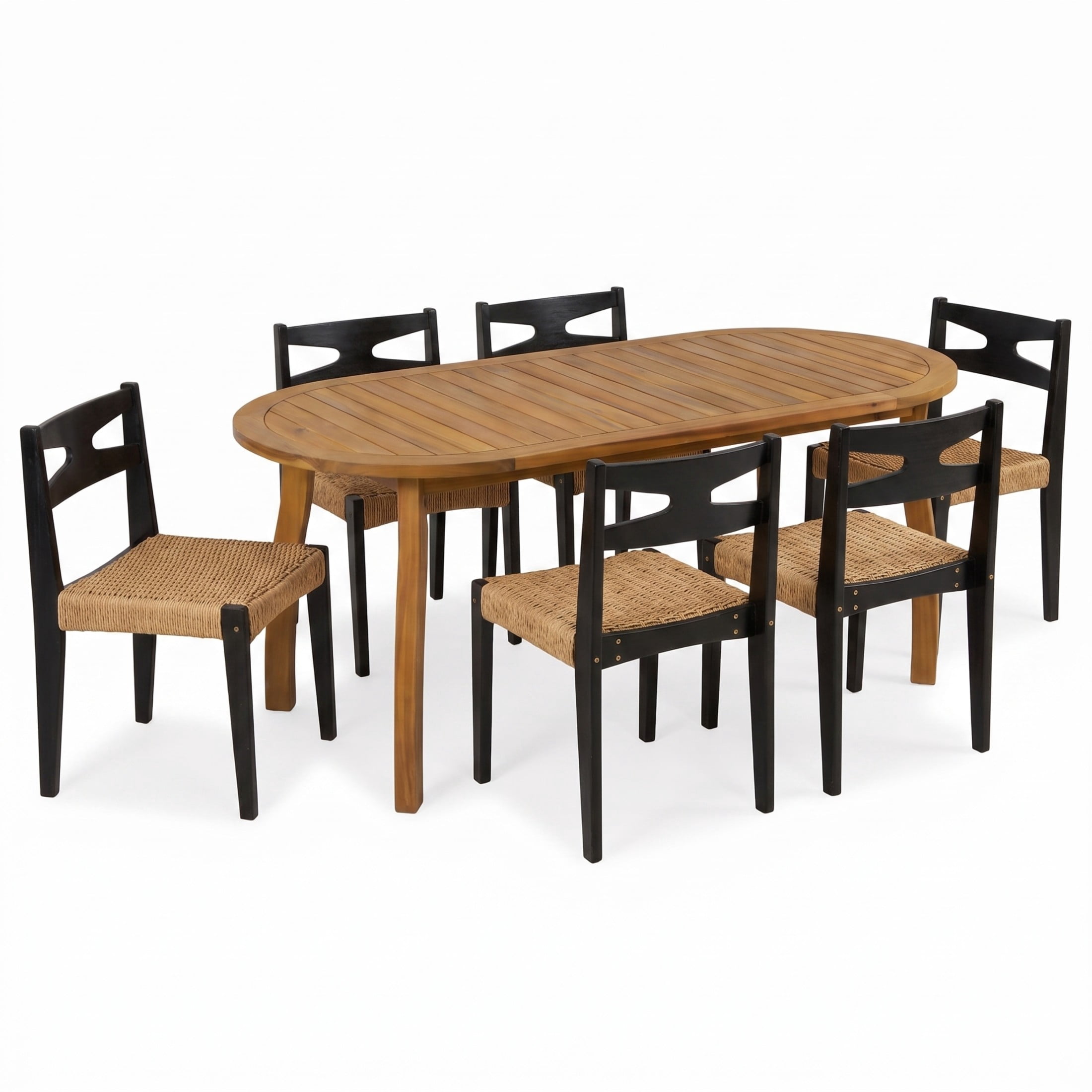 Christopher Knight Home 7-Piece Acacia Wood Outdoor Dining Set, Woven Chairs with Oval Table, Teak+Black
