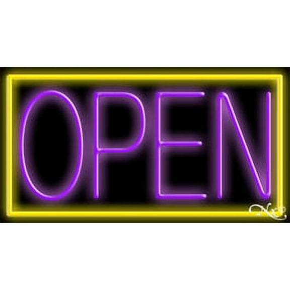 Yellow Border With Purple Open LED Neon Sign 13 x 24 - inches, Black Square Cut Acrylic Backing, with Dimmer - Bright and Premium built indoor LED Neon Sign for storefront.