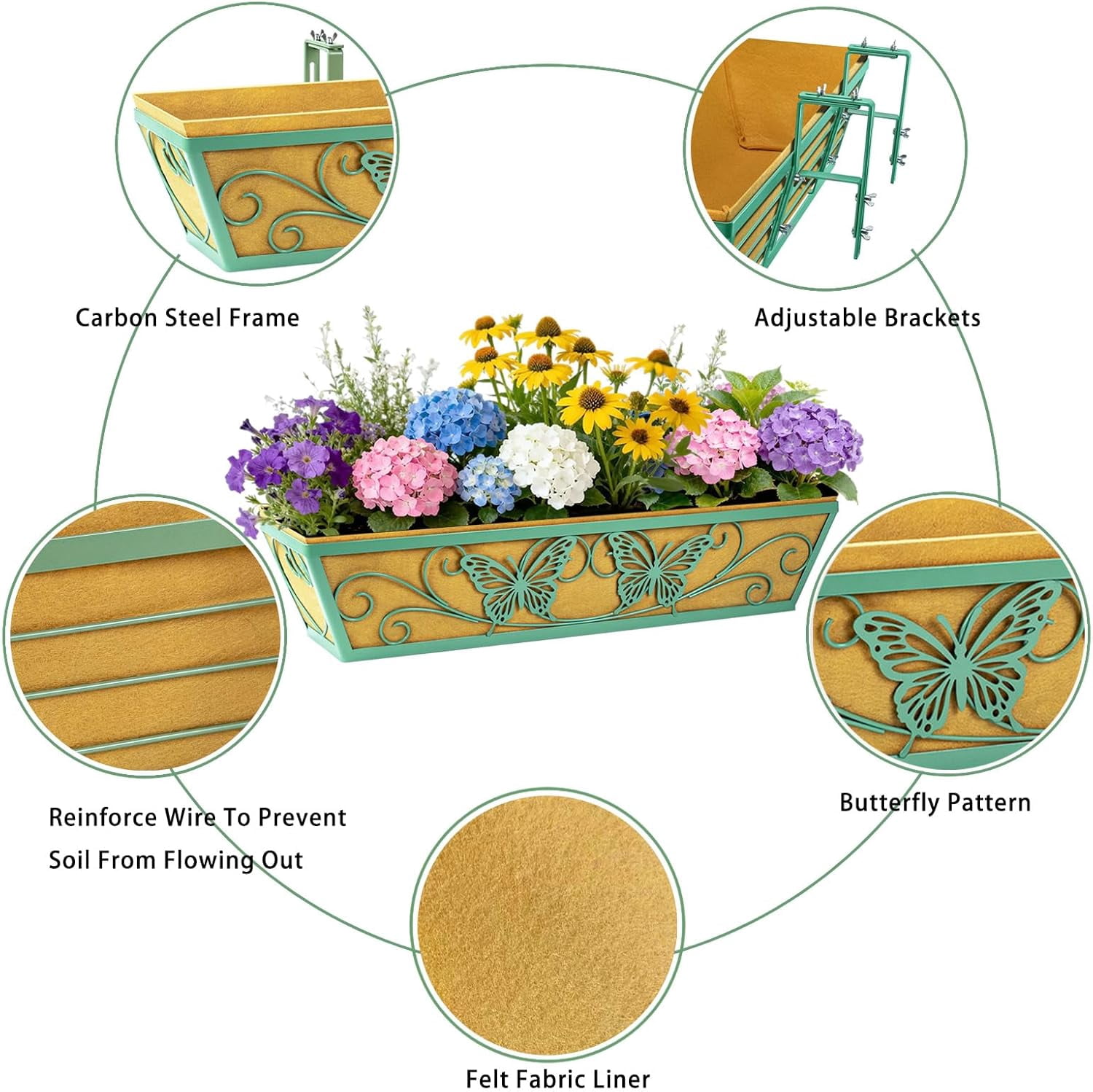4 Pack 24 Inch Window Boxes Planter Railing Planters Box with Adjustable Brackets for Porch Deck Balcony Hanging Butterfly Decorative Flower Baskets & Non-Woven Fabric Liner for Outdoor Plants -Green
