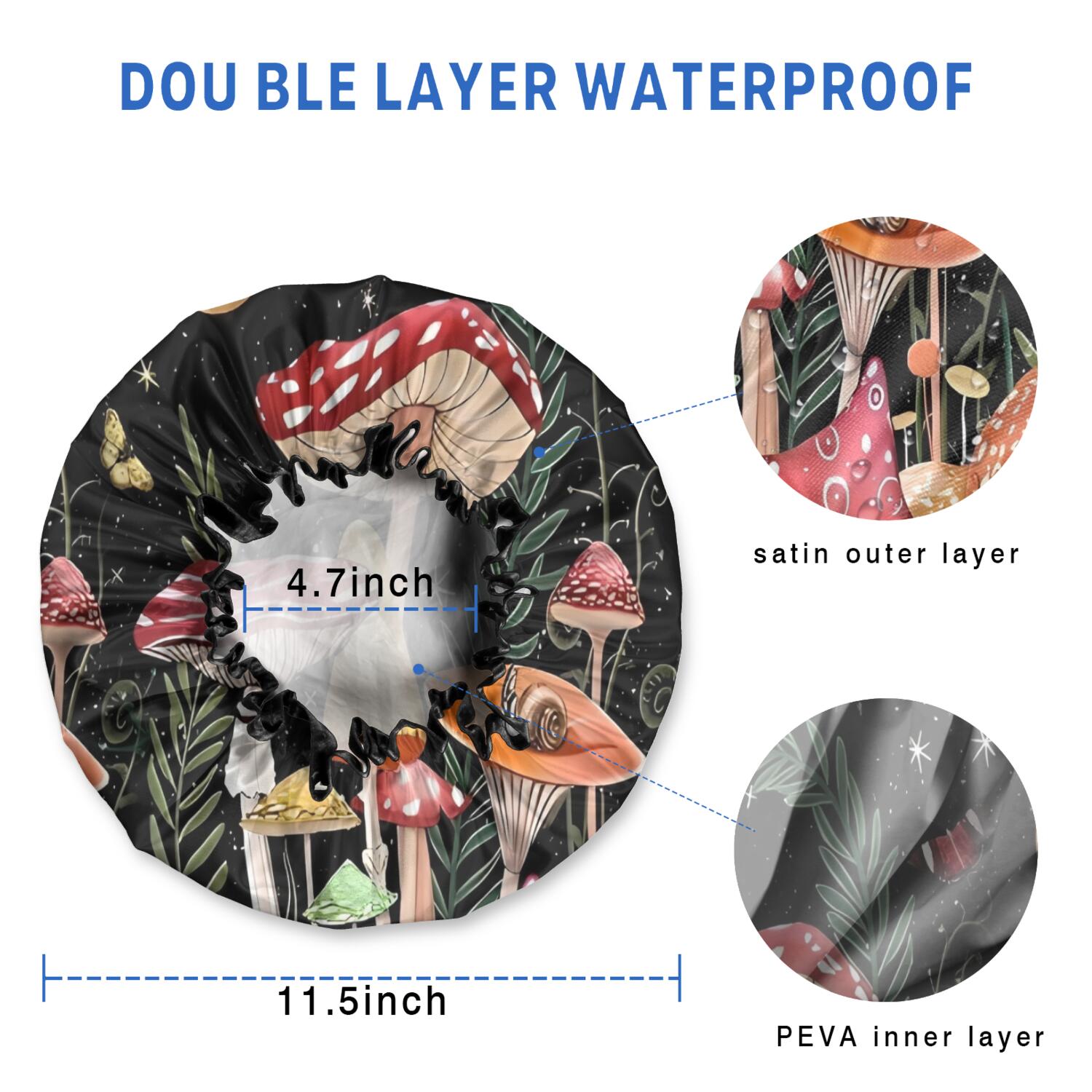 Shower Caps,Red Mushroom Butterfly Black Pattern Waterproof Shower Cap for Women 4 Pieces,Double Reusable Hair Cover for Shower PEVA Elastic Stretch Hem