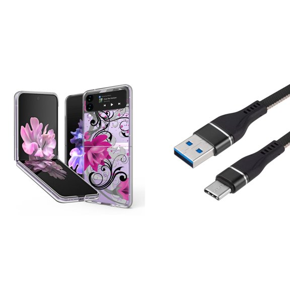 Bemz Premium Bundle for Samsung Galaxy Z Flip 3 5G: Slim Snap-On Protector Case (Magenta Lotus), Nylon Braided USB-C to USB-A Cable (3 Feet)