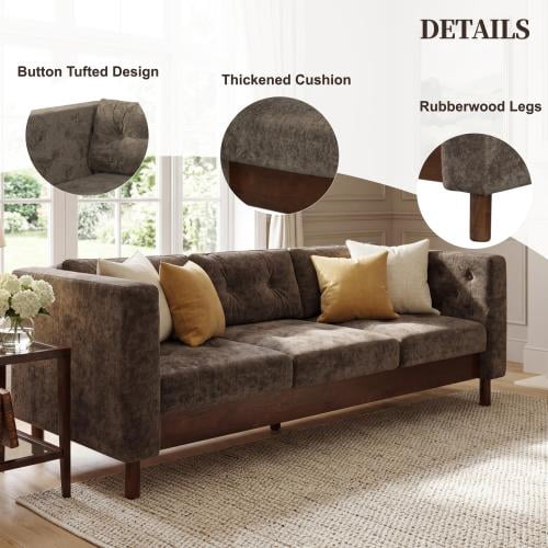 78" Modern 3-Seater Sofa, Chenille Upholstered Couch with Square Arms, Tufted Pillow Back & Walnut Rubber Wood Legs, Multi-Cushion Sofa for Living Room and Apartment, Brown