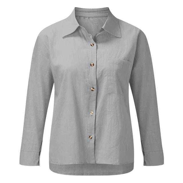 Button Down Shirts for Women, Fadeal Womens Cotton Linen Button Down Shirt Womens Button Down Blouse Grey 2XL