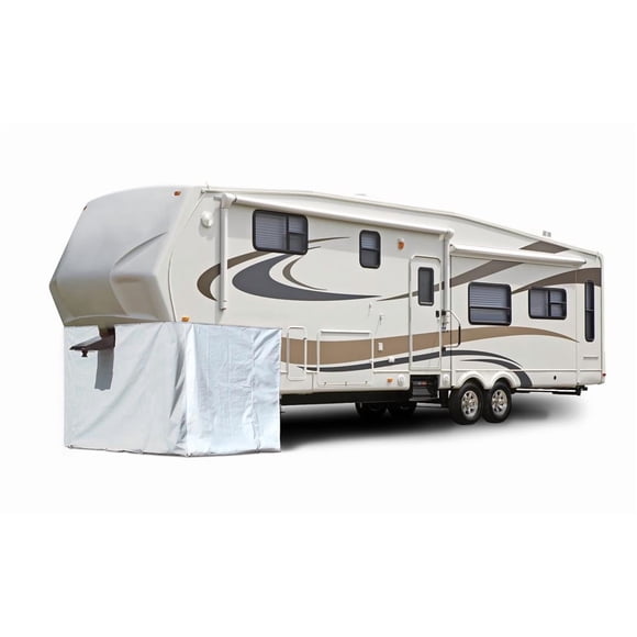 Adco Fifth Wheel Skirt 3502 266 Inch Length x 64 Inch Height; Polar White; Laminated Vinyl; With Zipper Doors For Storage Access; Includes Skirting/Screw-In Fasteners And Tent Spikes; Snap Mount