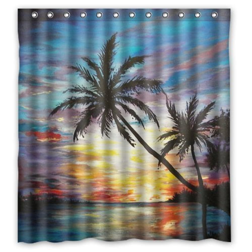 HelloDecor Tropical Beach Sunset Palm Trees Shower Curtain Polyester