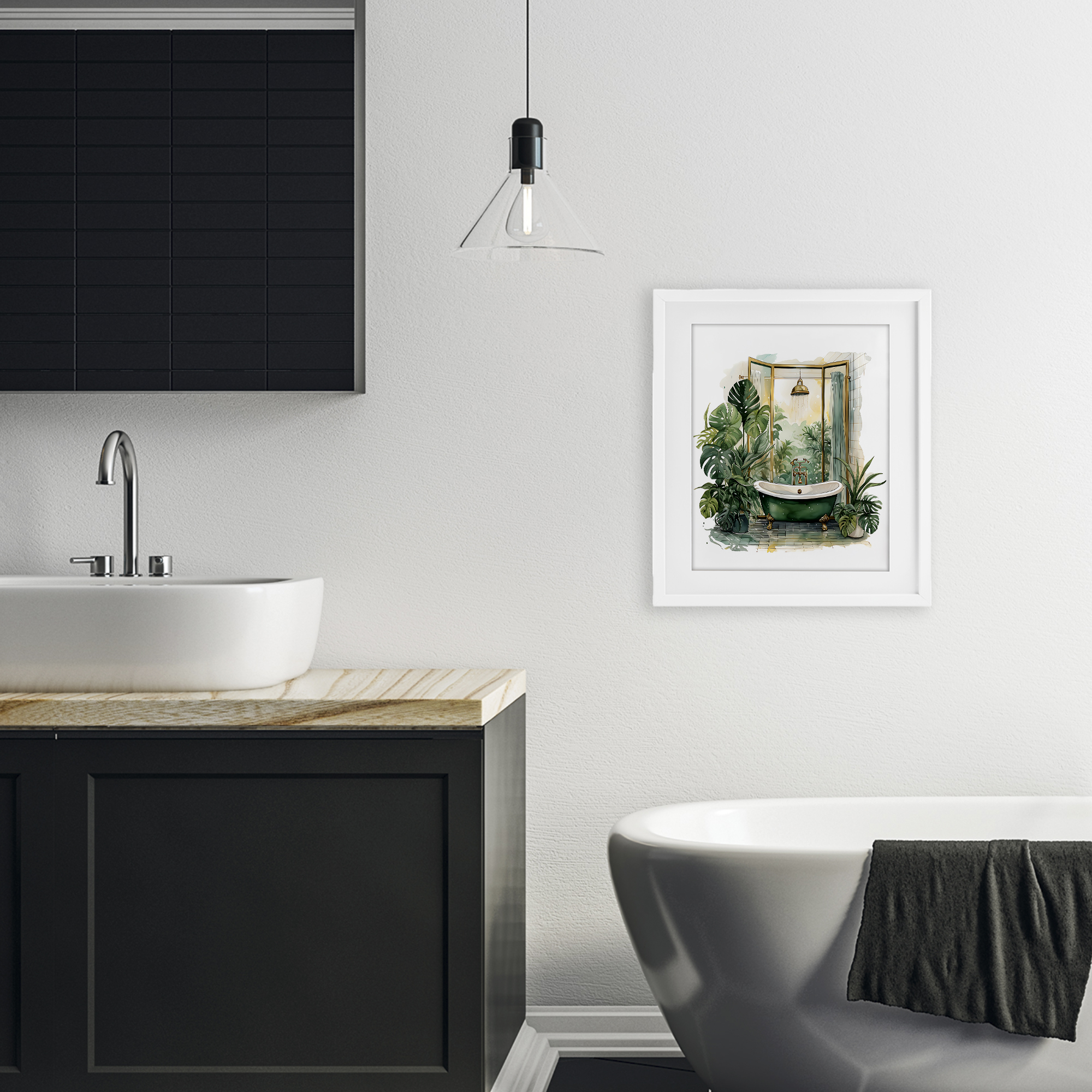 Bathtub in Tropical Oasis White Framed Print Under Glass, design by Lettered and Lined