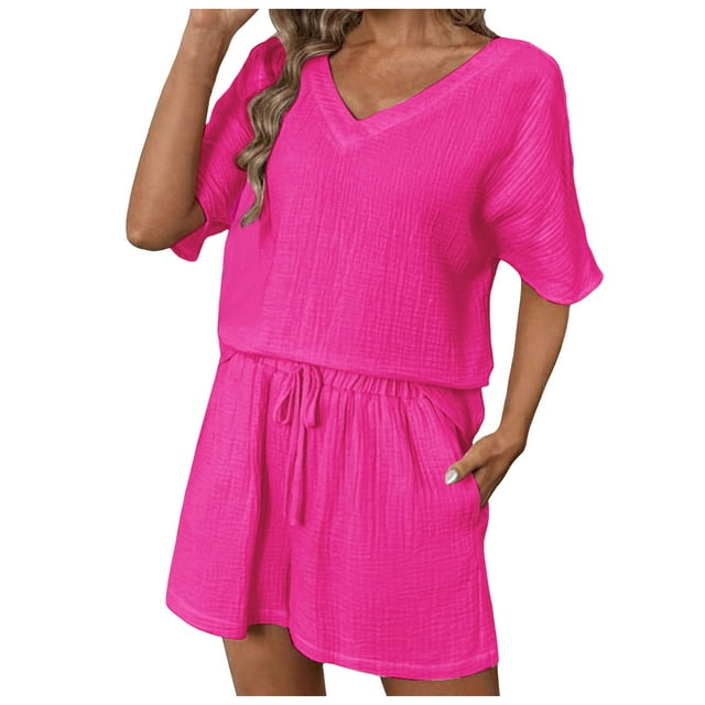 Conjunto informal de pantalones cortos lisos para mujer - Camisa con solapa y pantalones cortos, dos piezas, manga corta, corte ajustado, moda primavera/verano.