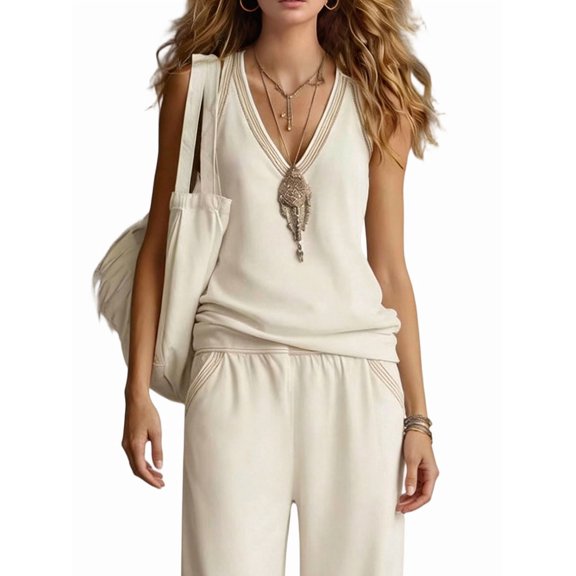 Two Piece Set for Women Summer Outfits Vacation Trendy Lounge Sets V Neck Matching Sets Cream White XL