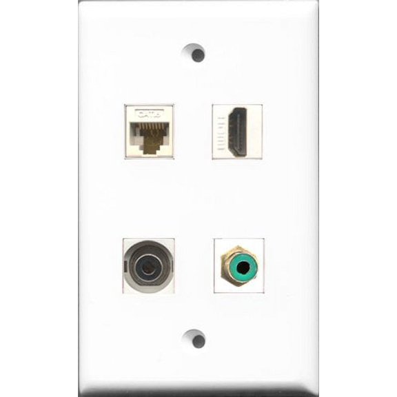 RiteAV 1 Port HDMI and 1 Port RCA Green and 1 Port 3.5mm and 1 Port Cat6 Ethernet White Wall Plate