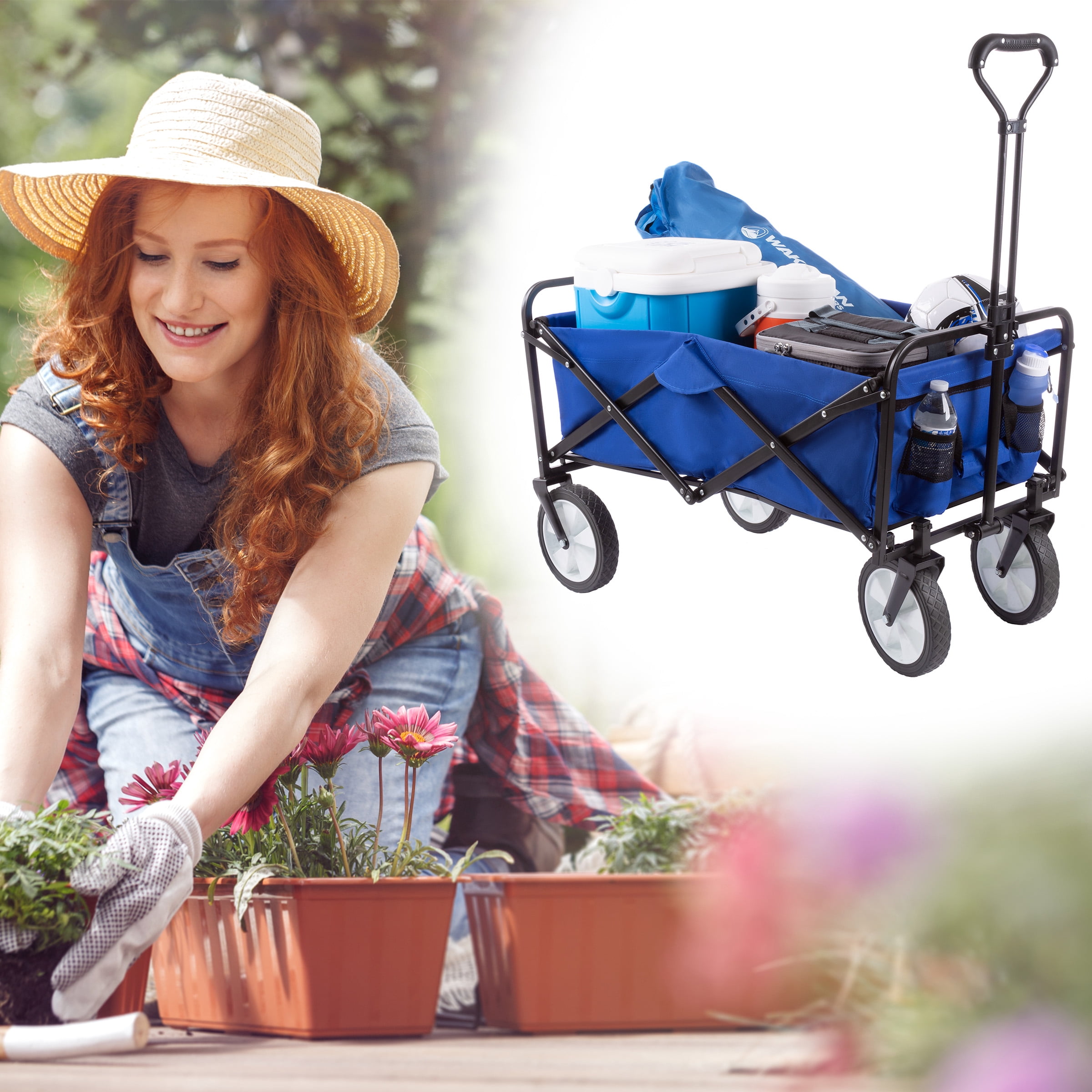 Pure Garden Collapsible Wagon - Grocery, Beach, or Garden Cart, Blue