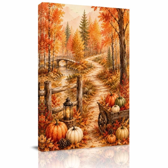 Canvas Wall Art, Thanksgiving Fall Framed Canvas Prints for Bedroom Living Room, Rustic Orange Pumpkin Maple Leaves Forest Gallery Wrapped Wall Decor for Home Office, Gifts, 18"x24" Ship Next Day