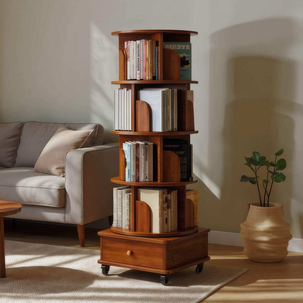 5-Tier Rotating Bookshelf with Drawer, 360° Spinning Corner Bookcase Tower, Narrow Space-Saving Floor Standing Storage Rack for Bedroom, Living Room, Walnut