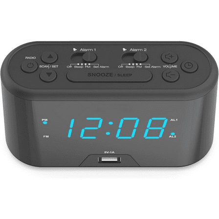 RC571 Digital Alarm Clock Radio with Large Numbers and USB Charging, LED Display, Brightness Display, FM Radio with Presets, Dual Wake, Sleep Timer and Snooze Functions, Black
