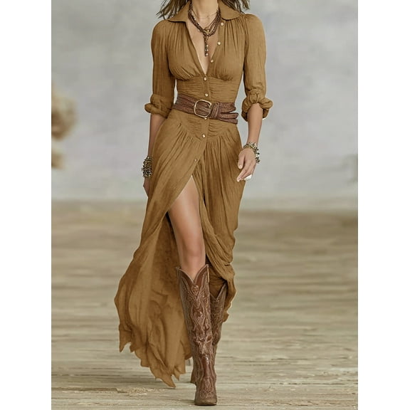 ZOELNIC Women's Elegant Ruched Maxi Shirt Dress with Belt, Asymmetrical Hem & Long Sleeve, S