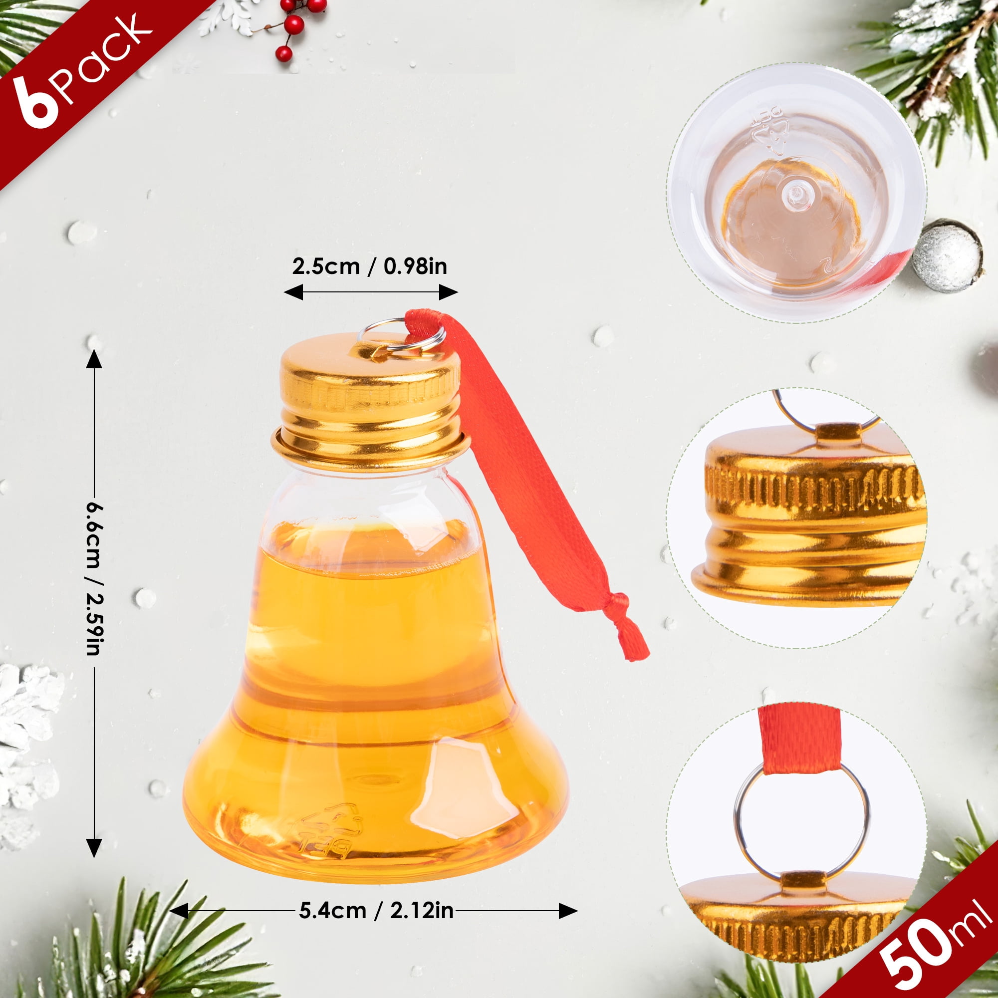 Fillable Christmas Ornament Drink Balls, 50ml Reusable Plastic Bell-Shaped Ornaments, 6-Piece Set for Tree Hanging and Holiday Decorating