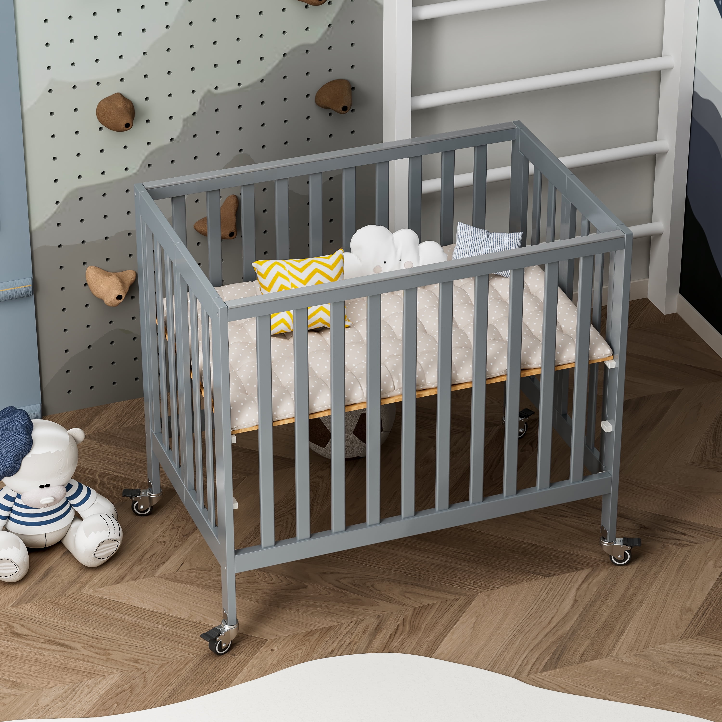 Fizzy Baby Foldable Baby Crib with Wheels Portable Baby Bed Travel Crib, Gray