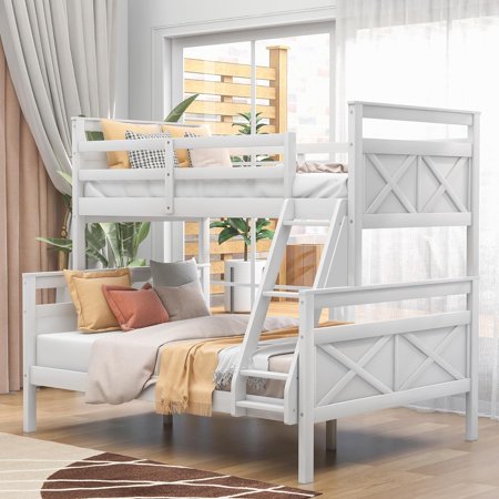 Harper & Bright Designs Twin Over Full Bunk Beds with Ladder & Safety Guardrail,Solid Wood Bunk Bed Frame Twin Over Full, Convertible to 2 Separated Beds,No Box Spring Needed,White