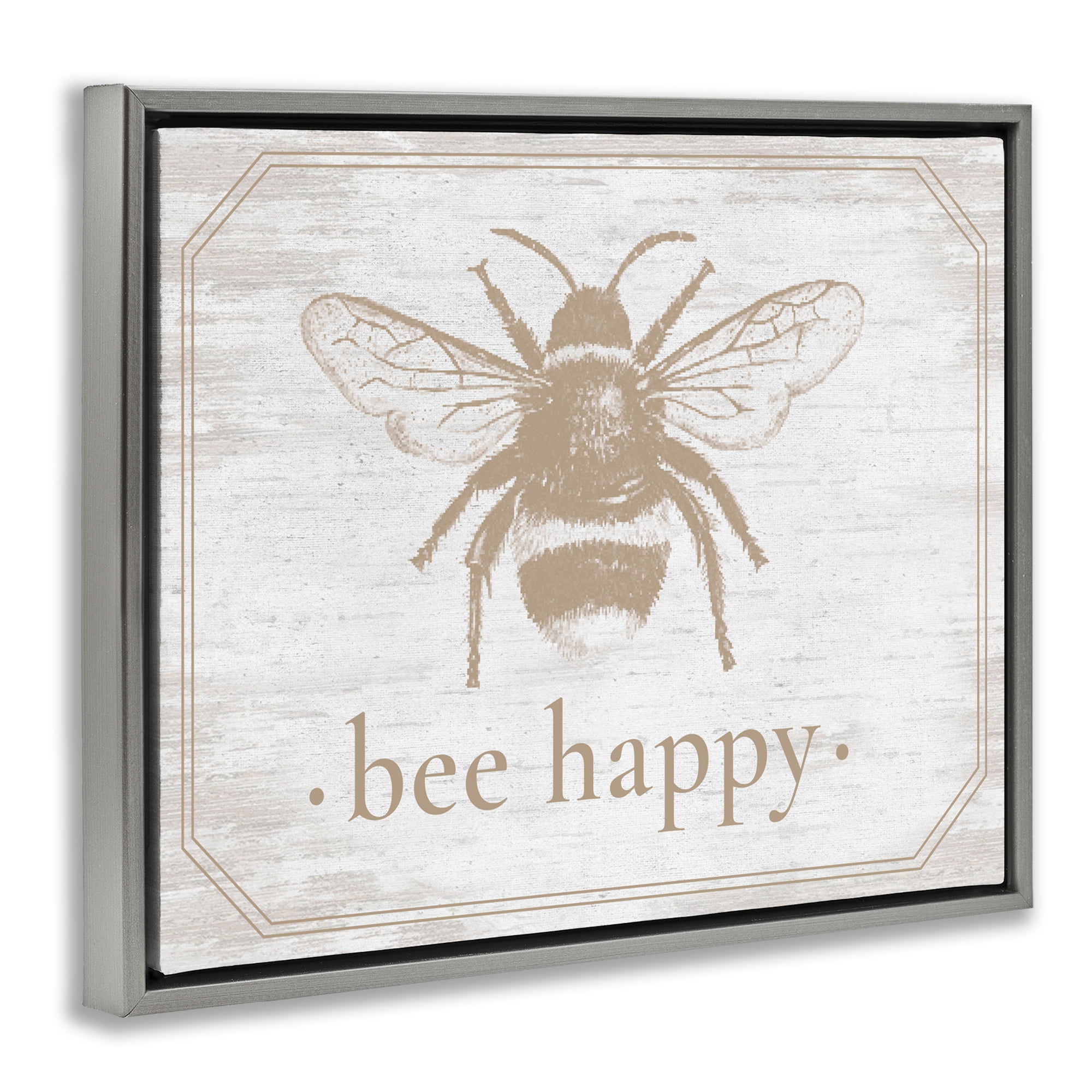 Bee Happy with Rustic Border Gray Framed Floater Canvas Wall Art, design by Lettered and Lined