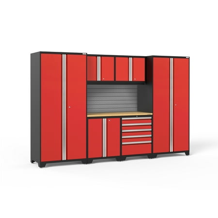 

NewAge Products Pro Series Red 7 Piece Cabinet Set Heavy Duty 18-Gauge Steel Garage Storage System Slatwall Included