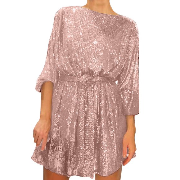 Women'S Holiday Party Sequin Beaded Lace Up Long Sleeved Dress Dresses Women'S Casual Dress Rose Gold M