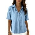 thumbnail image 5 of Fgvctg Cotton Linen Polo Shirt Half Button Placket Placket Lightweight Gauze Tees Elbow-Length Sleeve Blouses Lightweight Linen Loose Linen Tunic Casual Tops Plus Size Blouse Light Blue 2XL, 5 of 7